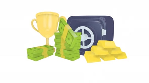 3D money, gold, and trophy wealth concept animation