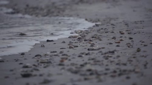 Slow motion, ocean tide washing ashore over beach full of seashells and small rock