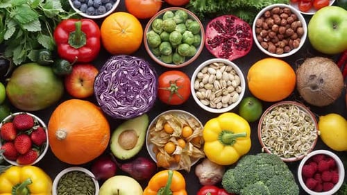 Overhead shot of vibrant, colorful fruits and vegetables