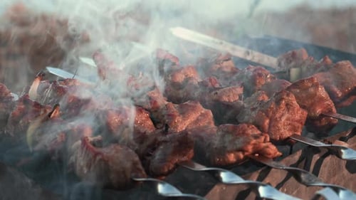 Delicious Meat Cooking on Skewers with Plumes of Smoke