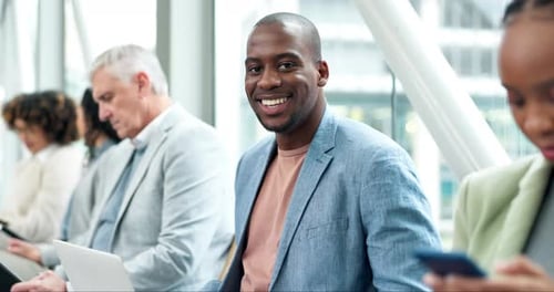 Business people, happy portrait and group in a row in an office for corporate meeting
