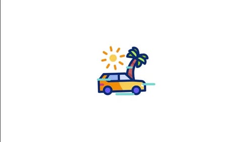 Animated Flat Design Travel Car Icon with Sun and Palm Tree
