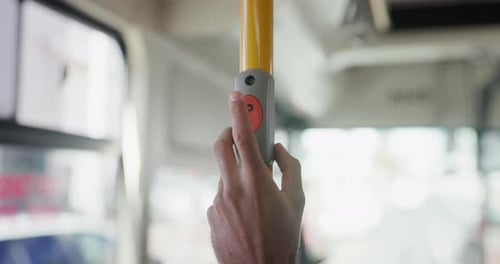 Hands, person and press button on bus for travel, request stop and alert for passenger destination