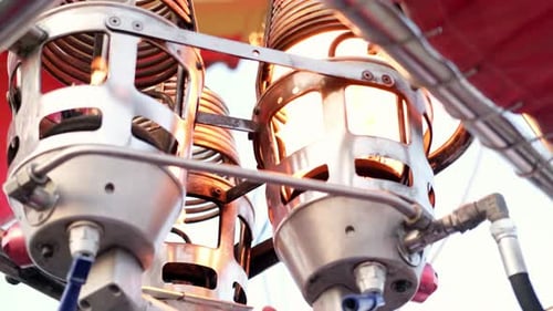 Balloon Burner and Fire Close Up in Flying Hot Air Balloon in Sky of Pamukkale Turkey