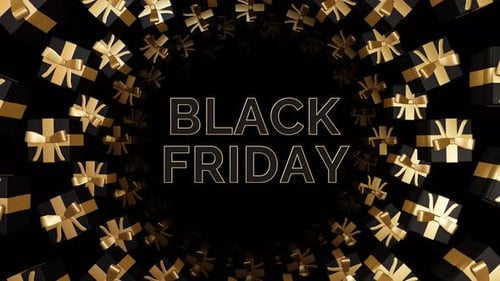 Golden Black Friday Text with Flying Gift Boxes Loop Animation Background