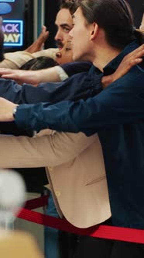 Crowd of People Pushing Forward at a Retail Entrance