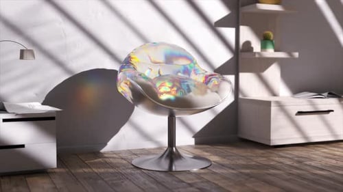 Ein Bürostuhl wird zu einer flüssigen, transparenten Regenbogensubstanz