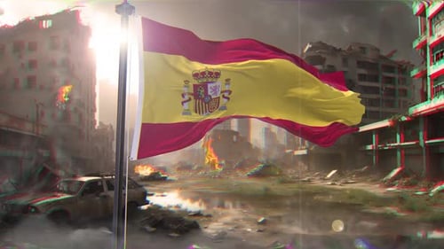 A bandeira da Espanha e o contexto da guerra destruíram a megalópole