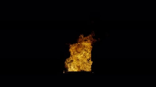 Burn Sammlung: Ein Feuer brennt heftig in einer Fensterfront, isoliert auf schwarzem Hintergrund, in 4k bei