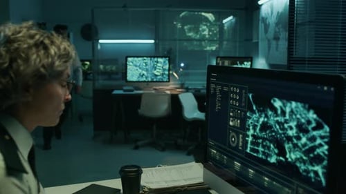 Caucasian Servicewoman Operating Satellite Surveillance in Command Center