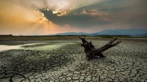 Cracked Earth and Desert Landscape at Sunset