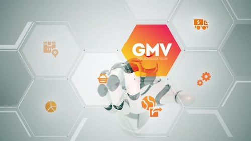 Robotic Hand Interacting with Futuristic Business Data Interface