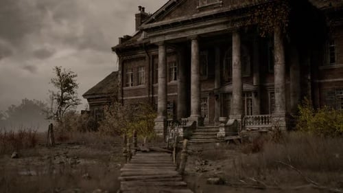 Abandoned Mansion with Overgrown Path on a Cloudy Day