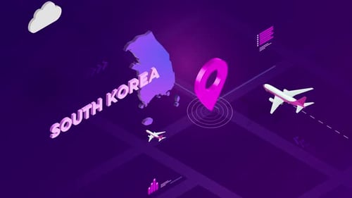 Isometric South Korea Travel Map with Airplanes and Location Pin