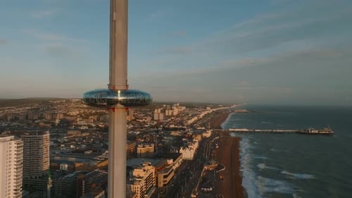 Magical Sunset Aerial Video of British Airways I360 Viewing Tower Pod with Tourists in Brighton