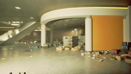Deserted Mall Atrium with Scattered Boxes and Toppled Displays