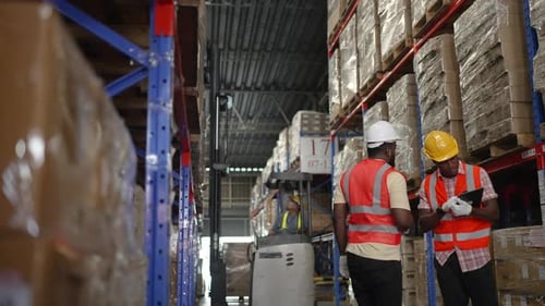 Logistics employees are working warehouse.