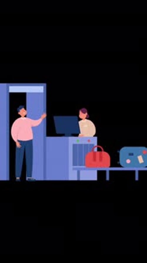 Passenger Going Through Metal Body Scanner With Luggage On Belt On Vertical On Alpha Channel