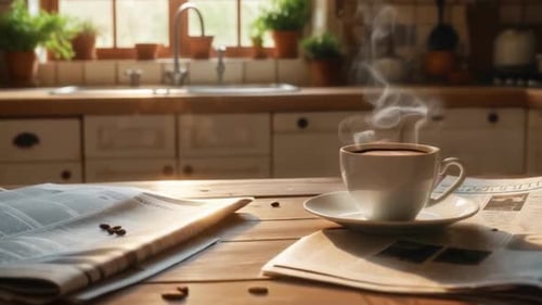 Morning Coffee and Newspaper on Rustic Kitchen Table