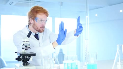 Concentrated Scientist Gesturing in a Bright Lab