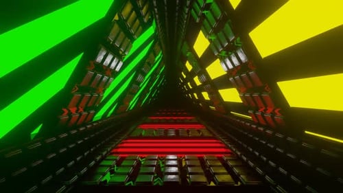 Red And Green And Yellow Rotating Glowing Screen Triangular Tunnel Background Vj Loop In HD