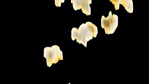 Popcorn grains falling. Slow motion. Alpha channel included.