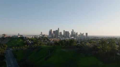 Aerial Panoramic View of Green Vegetation in City and Skyline with Famous Downtown Skyscrapers