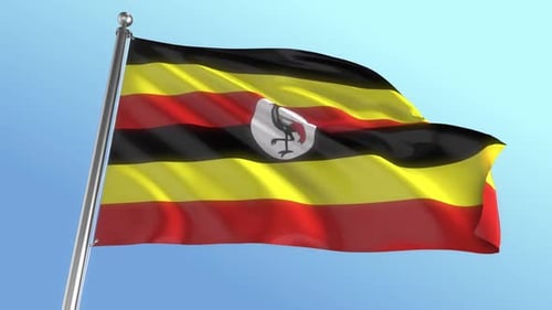 Waving Flag of Uganda Against Blue Sky