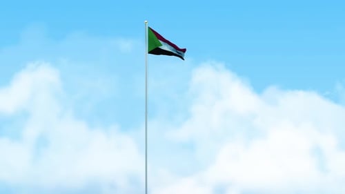 Realistic Flag of Sudan Waving on a Pole Against a Blue Sky