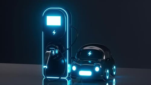3D Electric Car Charging at Station with Neon Glow