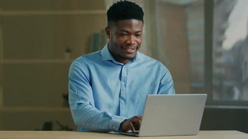 Smiling African American Businessman Use Computer at Office Male Professional Manager Typing on