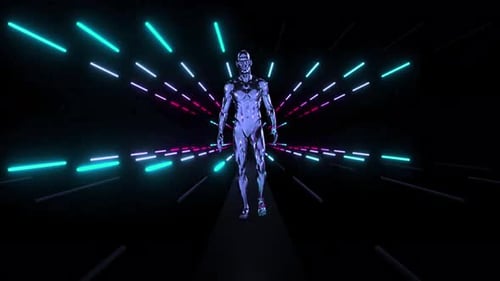 Robot walks through neon lights