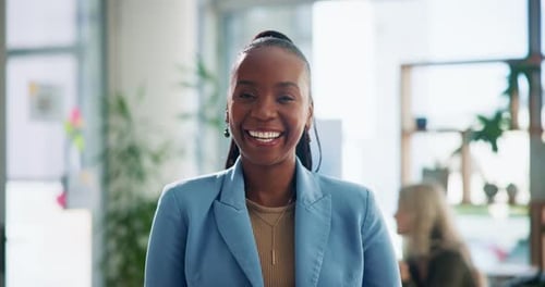 Happy, office and face of business woman with company pride, confidence and smile