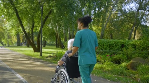 Happy Senior Female Wheelchair User and Woman Carer Enjoying Stroll Outdoors