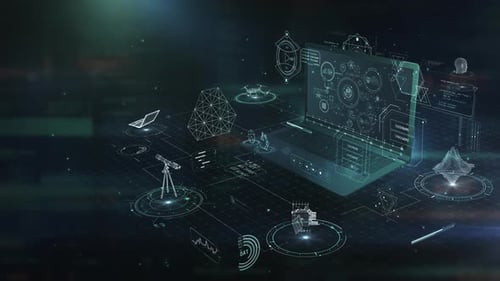 Ordinateur portable présentant une interface futuriste avec des icônes de l'astronomie et de la recherche scientifique