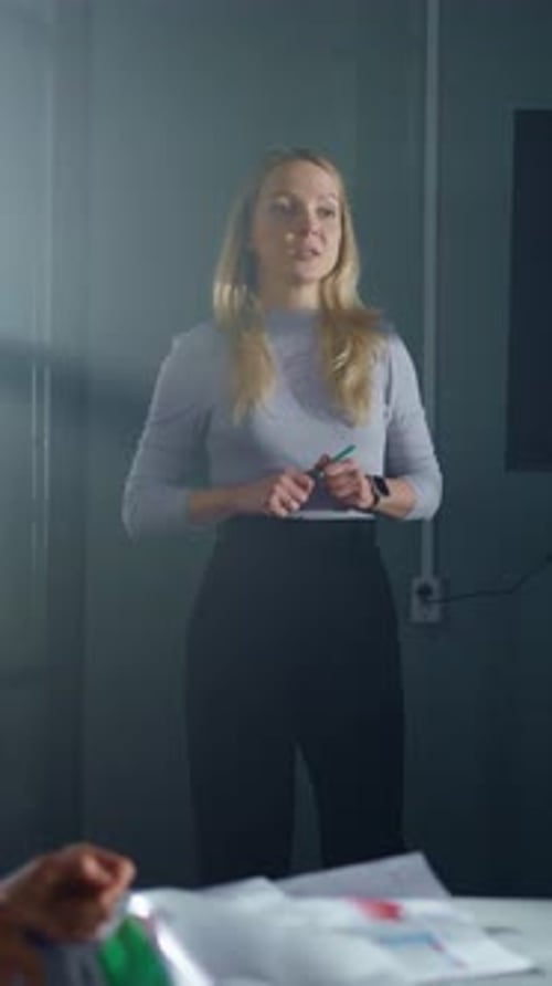 Businesswoman Presenting Data Analytics Dashboard to Colleagues in Modern Office Meeting Explaining