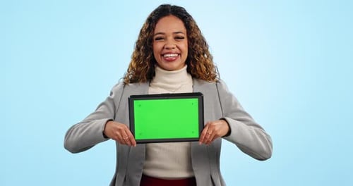 Face, business woman and green screen on tablet for advertising space, sign up offer