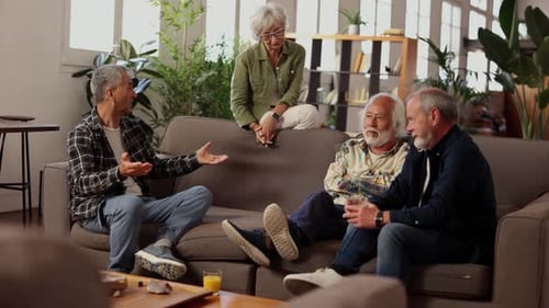 Happy senior people spending time together in nursing home, senior multiracial friends meeting on so