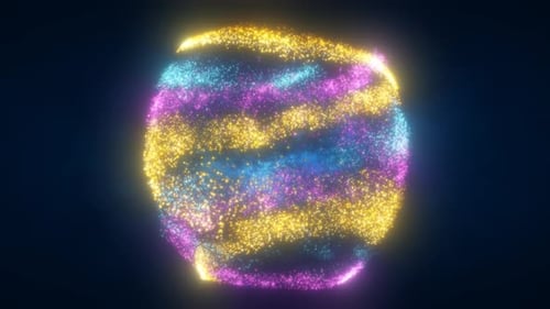 Abstract sphere ball of yellow blue and purple glowing bright flying energy particles