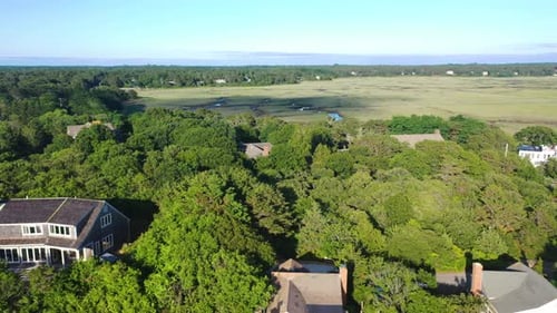 Drohnenaufnahmen von Cape Cod von Sumpfgebieten und Häusern im Wald, umgeben von Bäumen, Bewegungsabschwächung