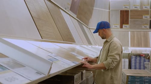A Man in a Hardware Store Chooses a Laminate
