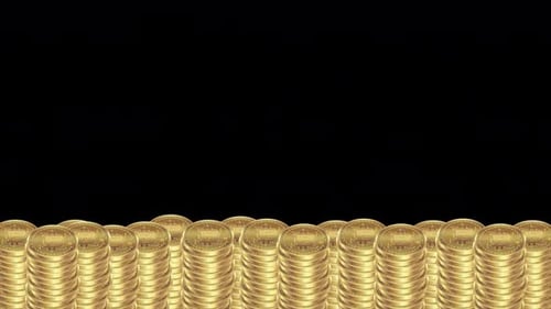 3D animation of coins with the Bitcoin symbol falling 4K Alpha Channel