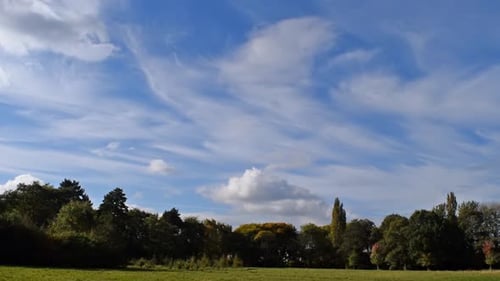 Parc ensoleillé avec un beau ciel bleu E. Nuages moelleux dans une scène de parc naturel magnifiquement éclairée. Pas le temps