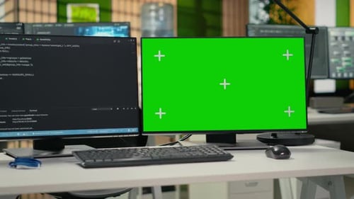 Green Screen PC in Empty Startup Office with Programming Language Script