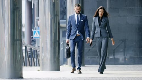 Male and Female Business People Walk and Discuss Financial Matters. They're Work in the Central Bus