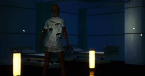 Individual Standing in Dimly Lit Room with Unique Garment Design at Night