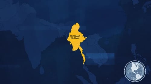 Global Map Animation Highlighting Myanmar with Digital Interface