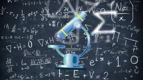 Digital animation of microscope icon against mathematical equations on blue background