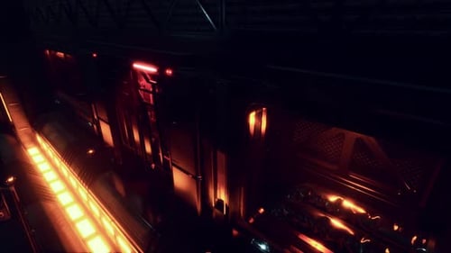 Flying Through Dark Futuristic Space Corridor With Orange Glow