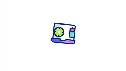 Animated Flat Design Laptop Icon with Clock and Calendar